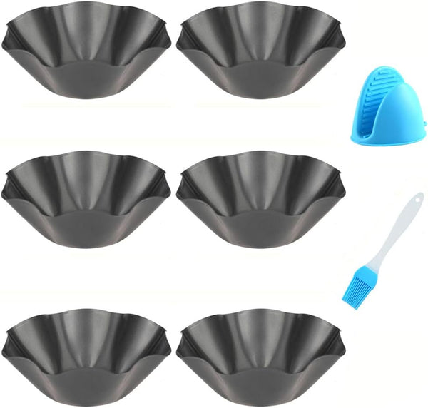 Tortilla Pan Set | 6 Pack Carbon Steel Non-Stick Taco Salad Bowl Maker with Silicone Potholder