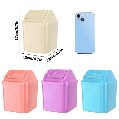 QLFJ-FurDec 2 4 Pcs Plastic Mini Wastebasket Trash Can with Swing Lid with Rolls of Trash Bags, Tiny Desktop Waste
