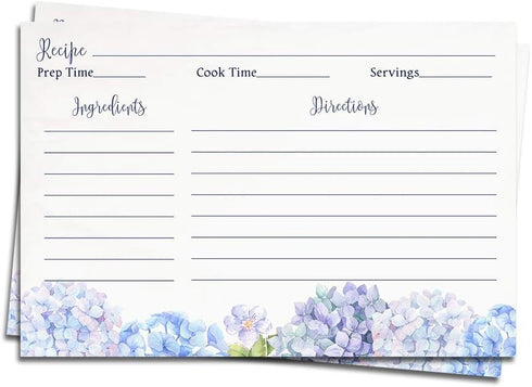 Recipe Cards 4x6 Double Sided Flowers Blue Wildflower Hydrangeas, Wedding Keepsake Gift (50 Count)