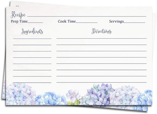 Recipe Cards 4x6 Double Sided Flowers Blue Wildflower Hydrangeas, Wedding Keepsake Gift (50 Count)