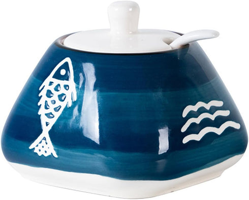 Cute Hand-painted Sugar Bowl, Ceramic Condiment Pot for Kitchen Decor, Fish Pattern, 300ml