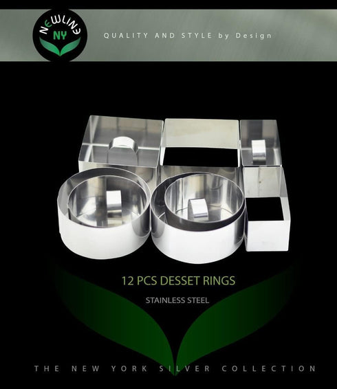 NewlineNY Stainless Steel Dessert Rings, 12 Pcs - Round, Square, Rectangular Molds for Appetizers, Salads, Cakes, Mousse