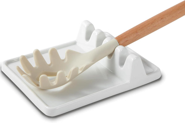 Ceramic Utensil Rest with Drip Pad, Heat-Resistant Spoon Holder for Kitchen Utensils, White
