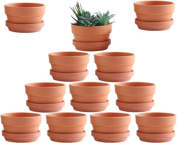 Yishang 3.5 Inch Shallow Terra Cotta Pots with Saucer/Tray - Ceramic Clay Planter for Succulent & Cactus Nursery