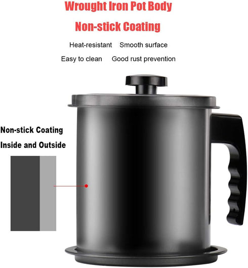 Cambom Bacon Grease Container with Fine Mesh Strainer, 1.3 L Iron Cooking Oil Can with Removable Coaster Tray