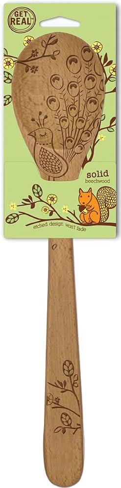 Talisman Designs Laser Etched Beechwood Mixing Spoon, Woodland Peacock Design