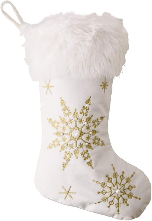 Comfy Hour Let It Snow Collection 18"x11" Christmas Winter Snowflake Stocking, Soft Plush Velvet, White and Gold