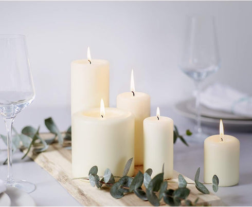 BOLSIUS 6 Ivory Pillar Candles Bulk - 3x3 Inches Set, 25+ Hours Clean Burning, Unscented Dripless Dinner Pillars