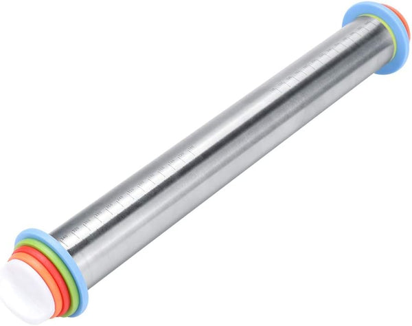 Stainless Steel Rolling Pin, Non-stick Adjustable Cake Dough Roller with Thickness Ring, Bakeware Tool