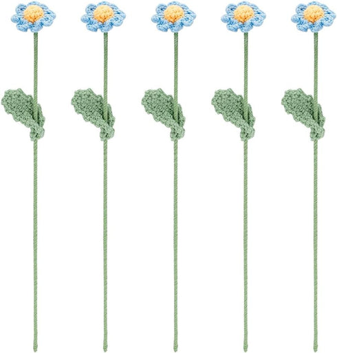 FINGERINSPIRE 5 pcs Handmade Crochet Daisy Flower Bouquet, Light Sky Blue Knitted Cotton Artificial Flowers for Home