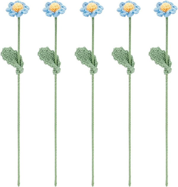 FINGERINSPIRE 5 pcs Handmade Crochet Daisy Flower Bouquet, Light Sky Blue Knitted Cotton Artificial Flowers for Home