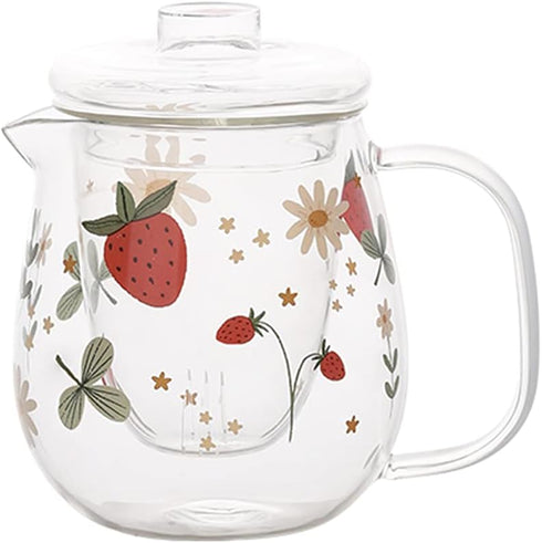 Sizikato Clear Borosilicate Glass Teapot with Tea Strainer, Cute Strawberry Pattern, 18oz