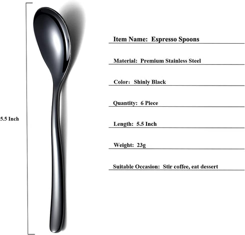 Black Demitasse Espresso Spoons, 5.5'' Mini Coffee Spoons, Set of 6 Stainless Steel, Dishwasher Safe