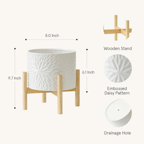 8 Inch LA JOLIE MUSE White Planter with Stand,Mid Century Planters for Indoor Plants,Ceramic Plant Pot with Stand