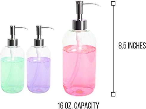 Clear Plastic Soap Dispenser Pump Bottles, 3 Pack, 16 Oz, BPA-Free Boston Round for Bathroom or Kitchen