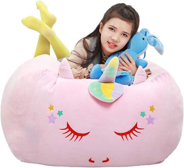 Unicorn Stuffed Animal Toy Storage, Bean Bag Chair Cover ONLY, Velvet Soft Organization for Kids Blankets, Pink