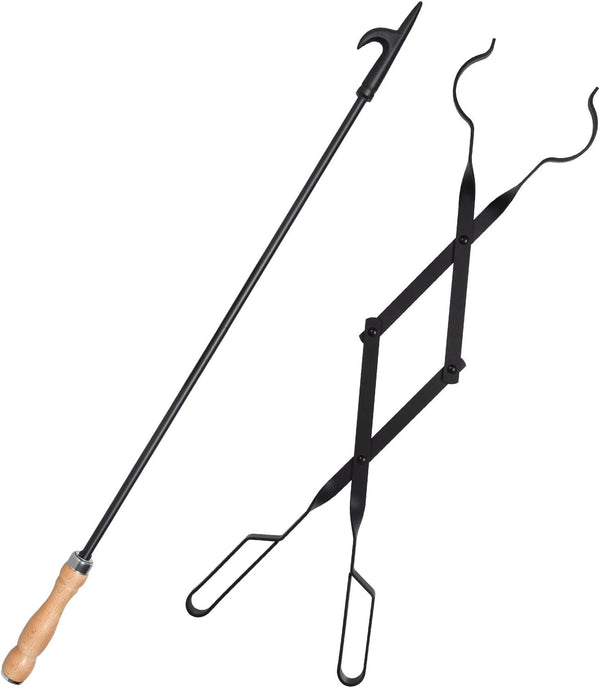 Heavy Duty 32” Long Fireplace Fire Pit Campfire Poker Stick and 26” Tongs Tool Set, Rust Resistant Camping Tools