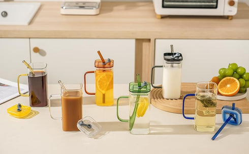 FUENYEJIA 13 Lided straw glass cup, ounce iced coffee cup for juice, milk, coffee, cappuccino, latte, cold drinks