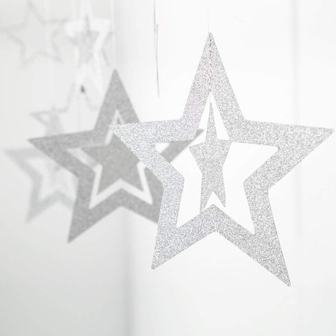 Glitter Silver Star Garlands Kit, Metallic 3D Star Hanging Paper Garland, Birthday Party Supplies
