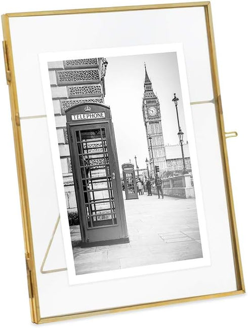 Isaac Jacobs 6x8 Antique Gold Floating Picture Frame, Vintage Style Brass and Glass, Tabletop Display with Locket