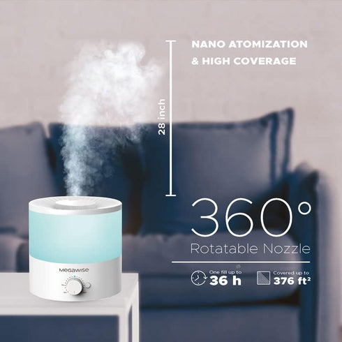 Megawise Cool Mist Humidifier with 2L Capacity, Top Refill Design, High Mist Output, 7 Color Night Light