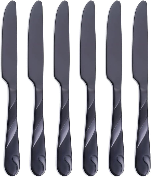 Black Dinner Knife Set, 9.2-inch Stainless Steel Shiny Black Silverware, Set of 6