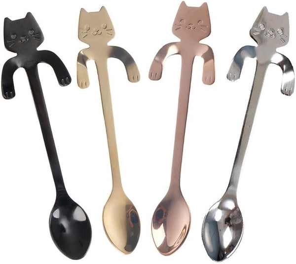 OBANGONG 4 Pcs Mini Cat Hugging Coffee Spoon Set - Tea Soup Sugar Dessert Appetizer Seasoning Bistro Hanging Cup Spoon