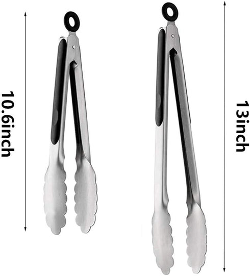 ALLTOP Metal Cooking Tongs Set of 2, Stainless Steel Food Tongs with No-slip Silicon, 9 & 12 inch, Black