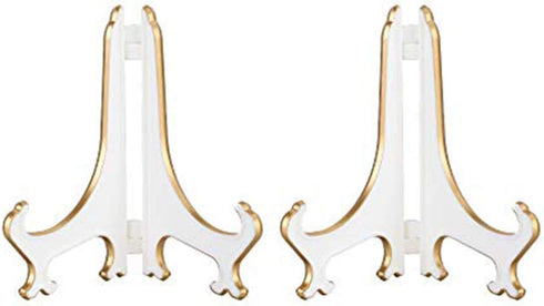 Artliving 4" White Gold Decorative Small Plate Stand Holder, Plastic Picture Easel Display Stand (2 Pack)