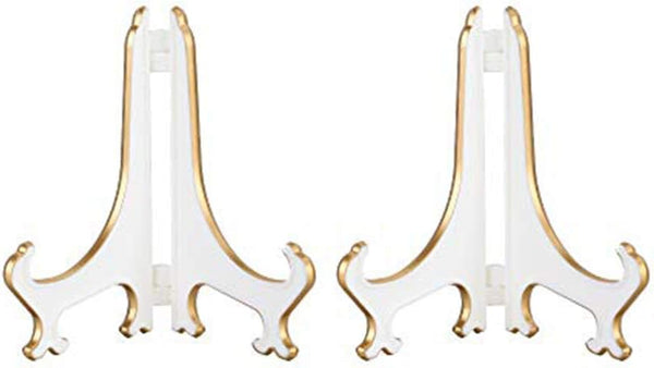 Artliving 4" White Gold Decorative Small Plate Stand Holder, Plastic Picture Easel Display Stand (2 Pack)