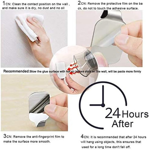 Heavy Duty Adhesive Hooks Wall Hangers Waterproof Stainless Steel Sticky Hook for Kitchen Utensils, Keys, Robe, Coat,