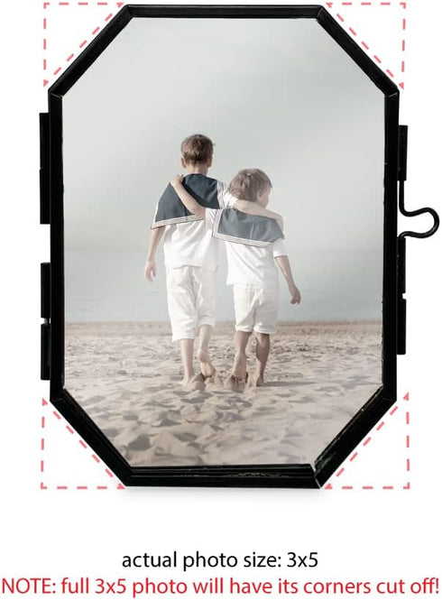 Isaac Jacobs 3.5x5 Vintage Style Octagon Brass & Glass Floating Picture Frame, Tabletop Display, Locket Closure