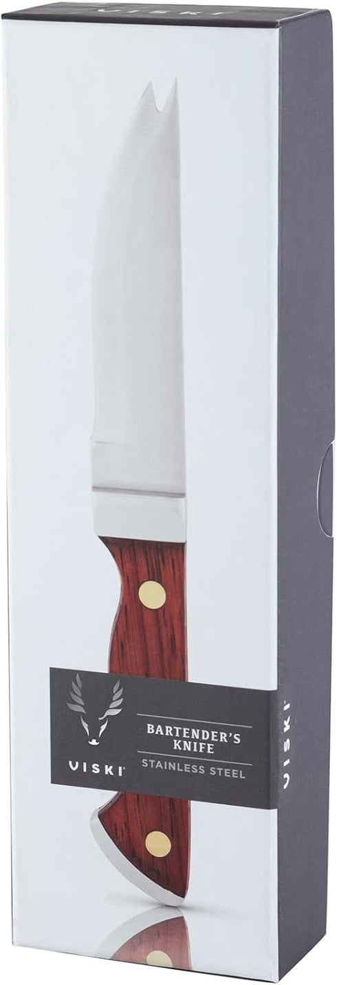 Viski Bartender Knife, 7 Inch, Acacia Wood Handle, Double Tipped Stainless Steel Blade, Set of 1