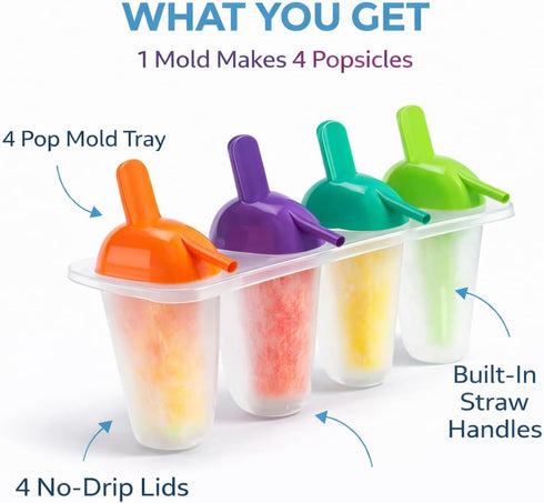4 Set, Popsicle Molds Ice Pop Maker with Straw Large BPA Free Popsicle Mold Reusable Freezer Pop Maker for Juice Yogurt