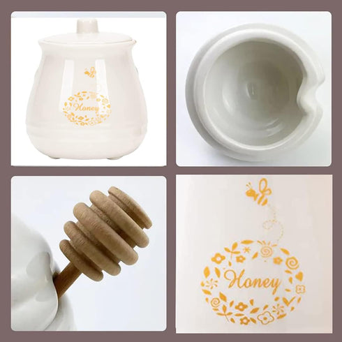 Kosmeey Ceramic Honey Jar with Wooden Honey Dipper-Honey Pot with Dipper- Honey Jar with Stand, Great Bee Decor