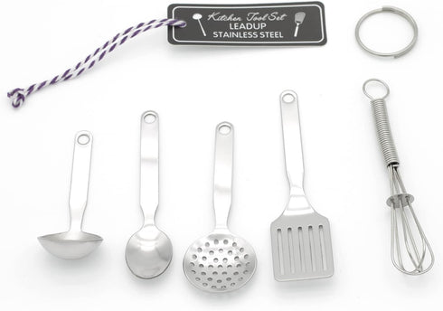 Mini Stainless Steel Kitchen Tool Set with Keychain, Set of 5, Includes Whisk, Spatula, Spoon, Skimmer, Ladle