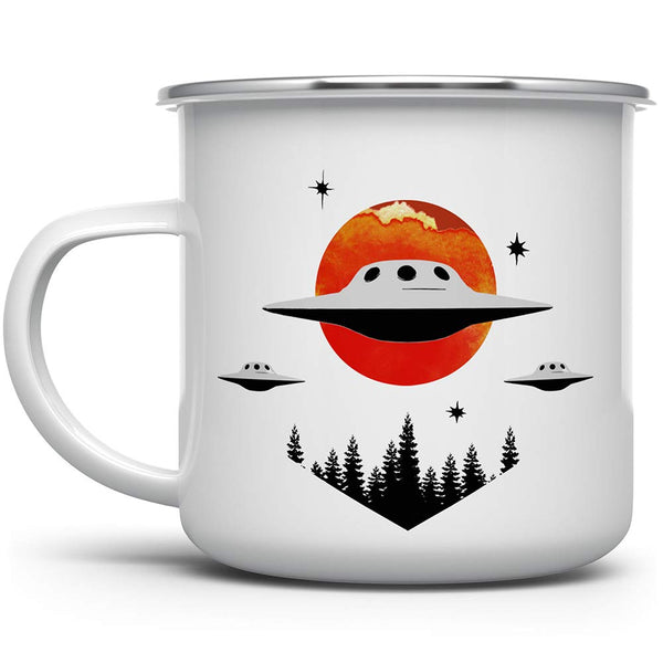 UFO Alien Extraterrestrial Enamel Campfire Mug, Outdoor Camping Coffee Cup, 12oz Gift for Camp Lovers