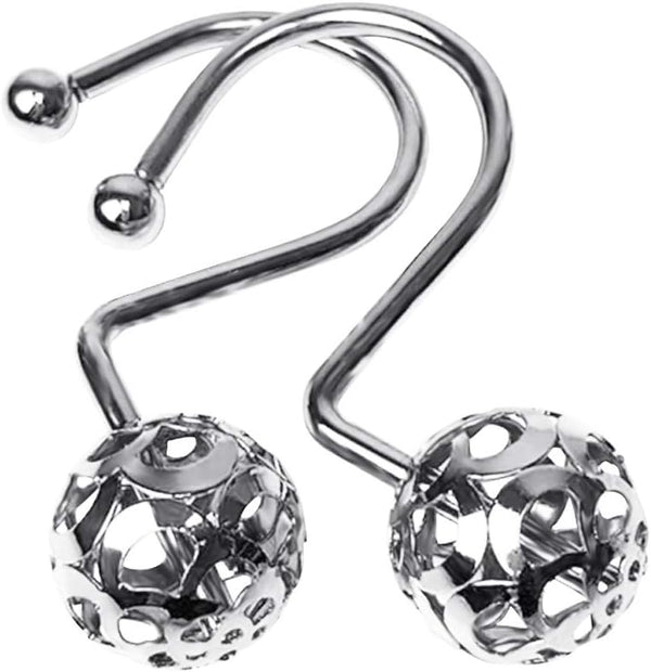 12Pcs Luxury Quality Hollow Ball Shower Curtain Hooks, Rustproof Stainless Steel Rings for Bathroom Rod (Chrome)