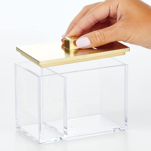 mDesign Modern Square Bathroom Vanity Storage Organizer Canister Jar for Cotton Swabs, Makeup Sponges - Clear/Soft Brass