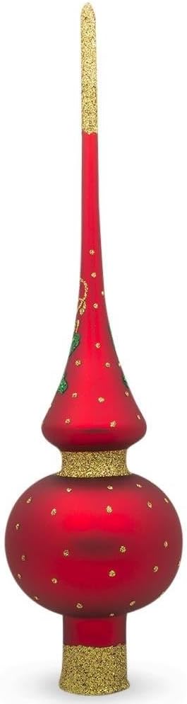Santa and Mistletoe on Red Mouth Blown Glass Christmas Tree Topper, 11 Inches