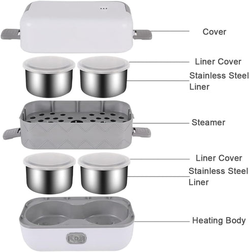 Portable Electric Lunch Box - Mini Rice Cooker, 2 Layers 4 Stainless Steel Steamer for Home Office Travel, 2L/110V/200W