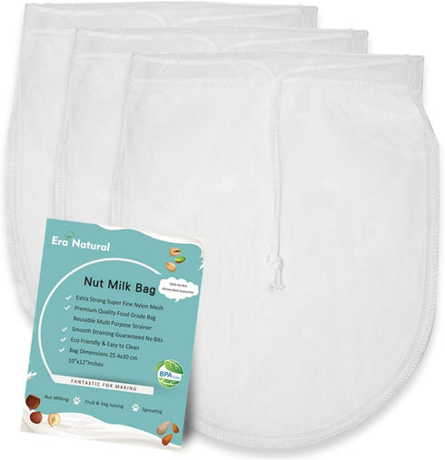 ERA NATURAL Nut Milk Bag Reusable 3 Pack 12" x 10" Cheesecloth Bags for