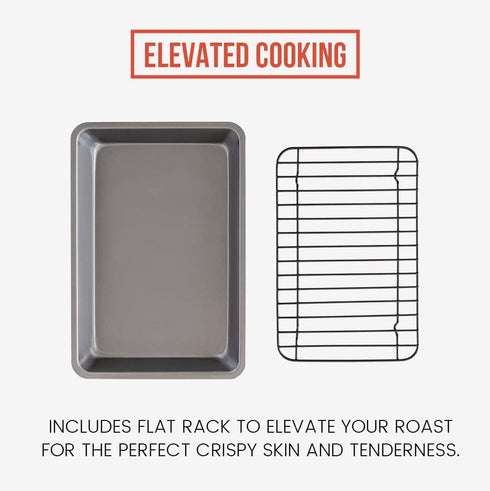 Chef Pomodoro Small Nonstick Carbon Steel Roasting Pan with Rack, Grey (Mini) for Countertop Oven Baking