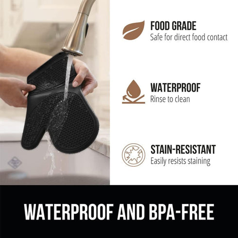 GORILLA GRIP BPA-Free Soft Silicone Oven Mitts, 14.5x8.3, Heat Resistant Cooking Gloves, Set of 2, Black