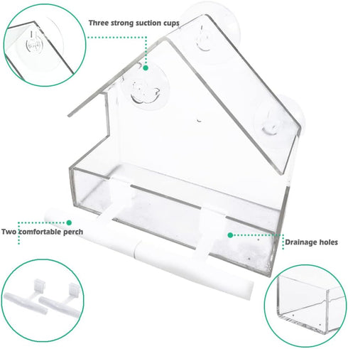 Window Bird Feeder - Small Acrylic Bird House for Outside with 2 Rods, Strong Suction Cups and Drain Holes (5.9 * 2.4 *