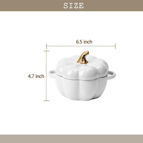 Pumpkin Bowl Set with Lid and Handle, 14 Oz Ceramic Ramekins for Baking, Casserole Dish Individual Severing Pot, Stoneware, Oven Safe (White) by FYUEROPA