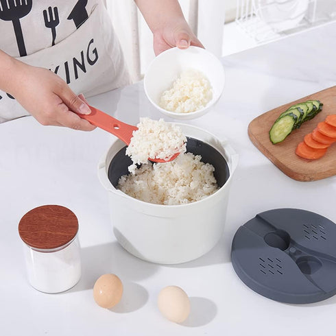 Microwave Rice Cooker 2L, Non-stick Food Grade PP Steamer with Strainer, Full Set with Lid & Spatula for Meal Noodle