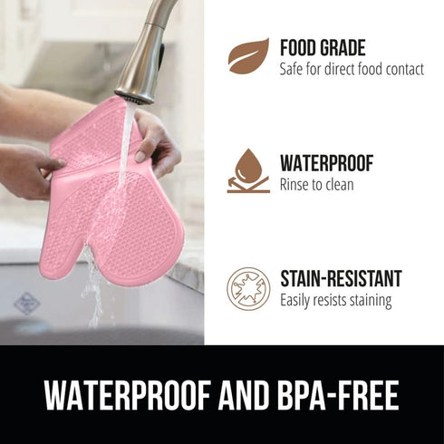 Gorilla Grip Heat and Slip Resistant 4 Piece Silicone Oven Mitt and Trivets Set, Waterproof, Cotton Lined, Pink