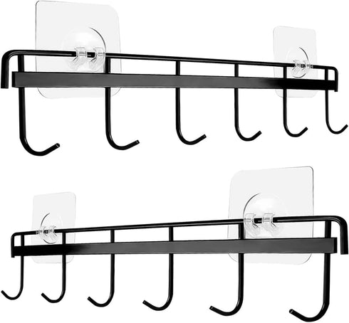 2Pcs Kitchen Utility Hooks - Wall Mount Utensil Rack with 6 Hooks, Space Saving Kitchen Holder (Black)