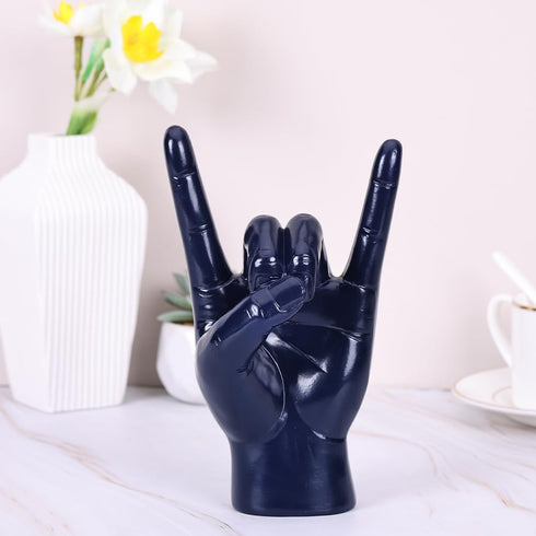 7.7" QIANLING Blue Resin Rock On Hand Gesture Statue - Rock Culture Music Lovers' Decorative Tabletop Sculpture